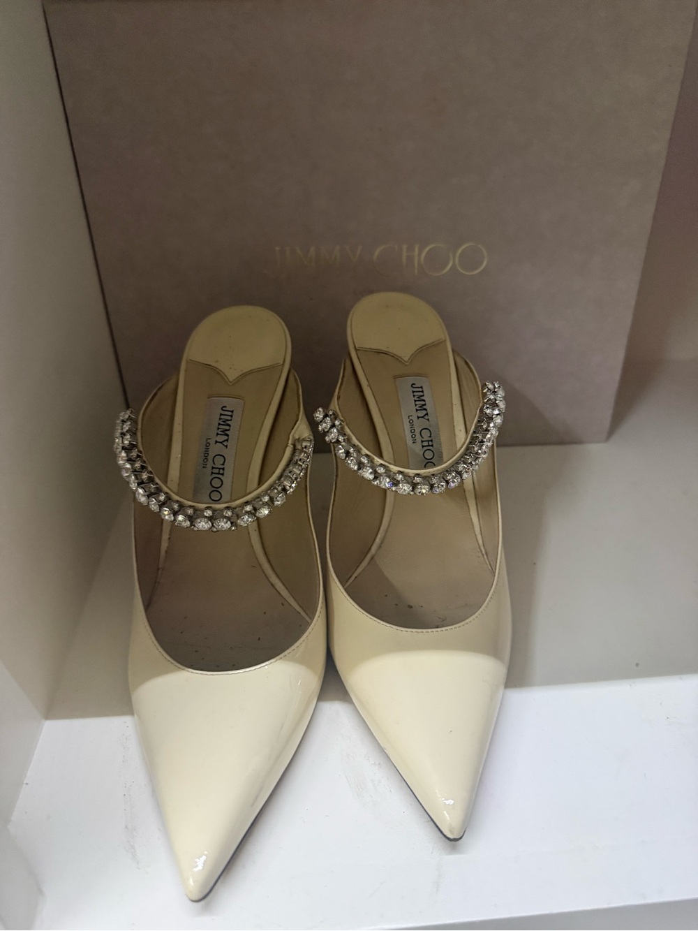 Jimmy Choo Ivory Patent Pointed Mules with Crystal Embellished Strap